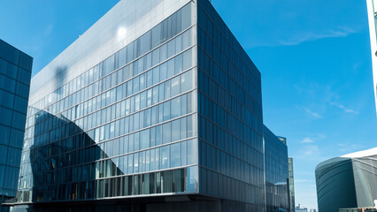 Exterior of a modern office building surrounded by a cityscape - generative ai