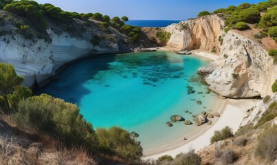  a beautiful blue lagoon surrounded by trees on a sunny day with clear blue water and a sandy beach on the other side of the bay.  generative ai