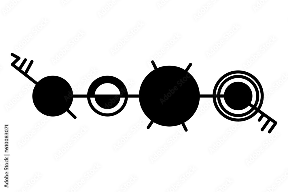 Poster crop circle pattern of four circles in a row, connected with a straight line with antenna or rune li
