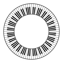 Musical keyboard with twelve octaves, circle frame. Decorative border, constructed from twelve octaves, black and white keys of piano keyboard, shaped into a seamless and repeated motif. Vector.