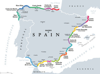 Spain, beaches and coastlines of the Spanish Riviera, political map. Spanish mainland on Iberian Peninsula, with the touristic names of seventeen famous beaches, such as Costa Blanca or Costa del Sol. - obrazy, fototapety, plakaty
