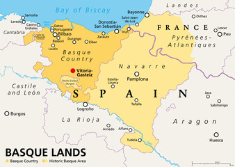 Basque Lands, political map. Basque Country, an autonomous community in Spain, with capital Vitoria-Gasteiz, in orange color. The historic Basque area in Spain and France, in orange and yellow color. - obrazy, fototapety, plakaty