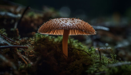 Fototapeta premium Fresh autumn toadstool growth spotted on uncultivated forest floor generated by AI