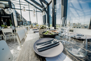 Fancy glass restaurant food and catering ready for lunch