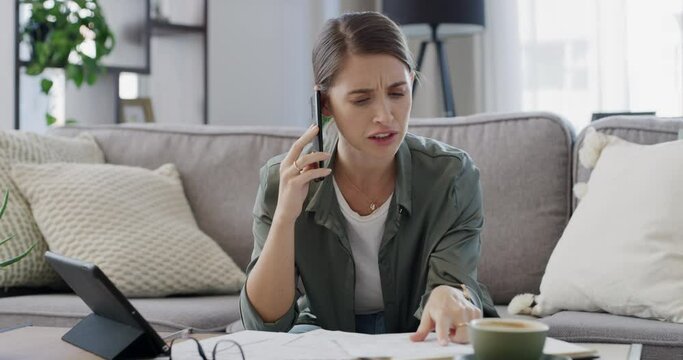 Phone call, stress and woman with finance documents on sofa for debt, tax bills and accounting problem. Financial paperwork, tablet and confused female person with worry for online banking issue