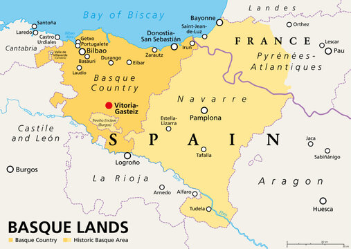 Basque Lands, political map. Basque Country, an autonomous community in Spain, with capital Vitoria-Gasteiz, in orange color. The historic Basque area in Spain and France, in orange and yellow color.
