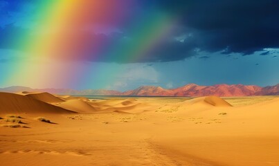  a rainbow in the sky over a desert with a rainbow in the sky over a desert with a rainbow in the sky and a rainbow in the sand.  generative ai