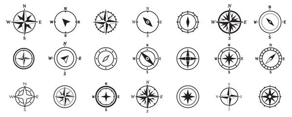 Compass icons set. Compass set of symbols on transparent background. Wind rose symbol collection. Vector isolated icons. Vector illustration