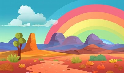 Fototapeta na wymiar a desert landscape with a rainbow in the sky and a trail leading to a tree and a mountain range in the distance with a few clouds in the sky. generative ai