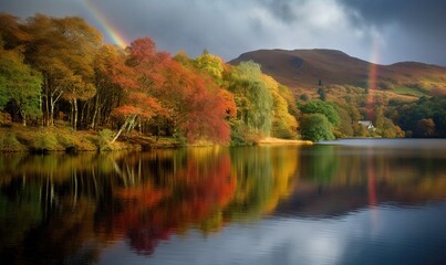 Fototapeta premium a lake with a rainbow in the sky and trees with oranges and yellows on the water and a rainbow in the sky above. generative ai