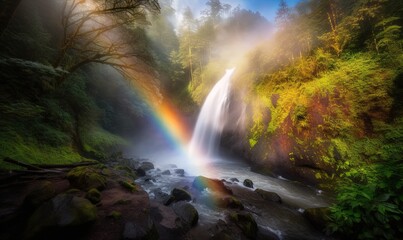  a waterfall with a rainbow in the middle of the water surrounded by trees and rocks with a rainbow in the middle of the water and a rainbow in the middle of the water.  generative ai