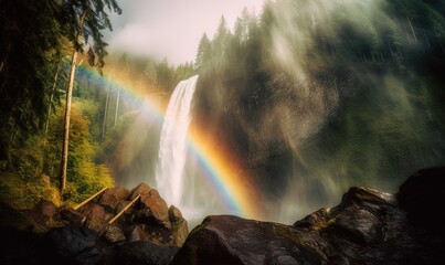  a waterfall with a rainbow in the middle of the water and a forest in the backgroung of it with a rainbow in the middle of the water.  generative ai
