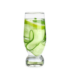 Glass of infused water with cucumber slices on white background