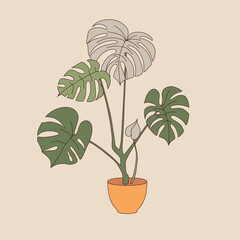 Monstera deliciosa plant in pot. Hand drawn plant doodle style, cute deliciosa, exotic foliage cartoon, vector illustration.