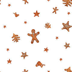 Seamless pattern of watercolor Christmas gingerbread cookies isolated on transparent background. Illustration of gingerbread man, sock star, spruce for room decor, print, textile design.