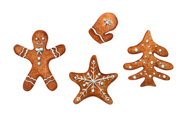 Fototapeta na wymiar Set of watercolor Christmas gingerbread cookies decorated with white icing isolated on transparent background. Traditional Xmas pastries. Illustration of gingerbread man, mitten, star, spruce