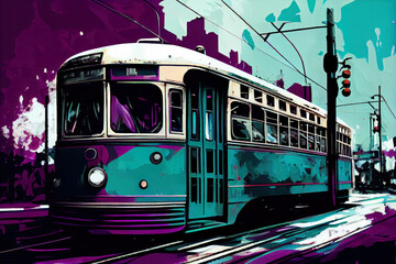 illustration, city streetcar. Public transport Generative AI