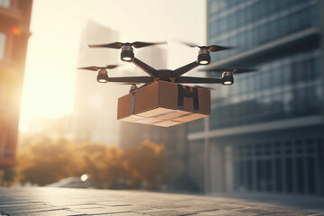 Postal drone . The drone carries a cardboard box Illustration of a package. Drone technology Generative AI