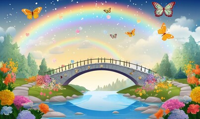 Obraz na płótnie Canvas a bridge over a river with a rainbow in the sky and butterflies flying over it in the sky above the bridge is a river with a bridge and flowers and butterflies. generative ai