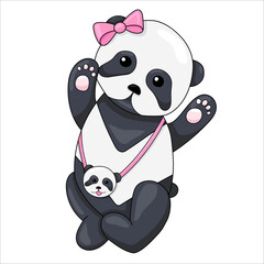 Cute panda girl with a pink bow and a bag on a white background. Vector illustration. Beautiful black and white animal.