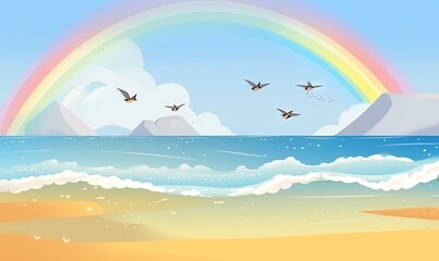 Fototapeta na wymiar a painting of birds flying over a beach with a rainbow in the sky and a mountain in the background with a rainbow in the sky. generative ai