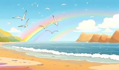 Fototapeta na wymiar a beach with a rainbow and birds flying over the water and a mountain in the distance with a rainbow in the sky and a bird flying over the water. generative ai