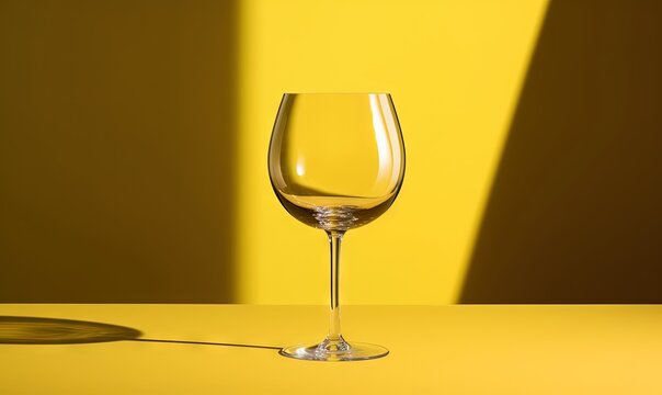  a glass of wine sitting on a yellow table next to a shadow of a plate on a yellow tablecloth with a yellow wall in the background.  generative ai
