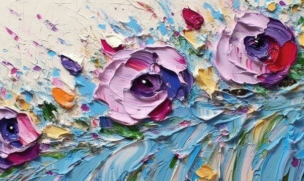  a painting of three flowers on a white wall with blue and pink paint streaks on the bottom of the painting and the bottom of the painting has multicolored flowers on the wall.  generative ai