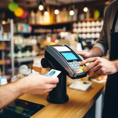 Paying with a card with contactless and a dataphone in a store. POS. Generative AI.