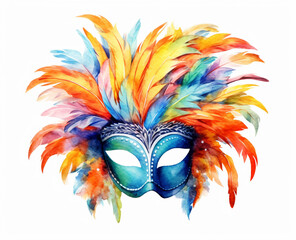 Carnival mask made with feathers on white background