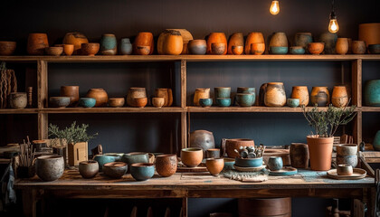 Naklejka na ściany i meble Earthenware pottery collection on wooden shelf in old fashioned workshop generated by AI