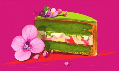  a piece of cake with a flower on top of it and a piece of cake with a flower on top of it on a pink background.  generative ai