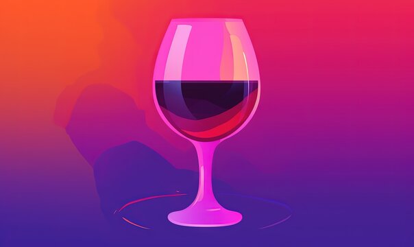  a glass of red wine on a purple and pink background with a shadow of a hand holding a wine glass with a red liquid in it.  generative ai