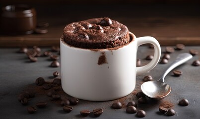  a cup of coffee with a cookie in it and coffee beans scattered around the cup and spoon on a table with a spoon and a spoon.  generative ai