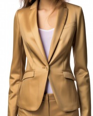 Elegant and Colorful Formal Gold Woman Blazer for the Office. Torso only, isolated on plain background. Generative AI illustration.