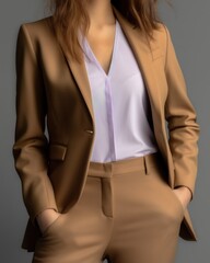 Elegant and Colorful Formal Brown Woman Blazer for the Office. Torso only, isolated on plain background. Generative AI illustration.