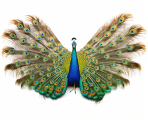 Peacock with open wings, isolated white background