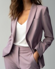 Elegant and Colorful Formal Lavender Pink Woman Blazer for the Office. Torso only, isolated on plain background. Generative AI illustration.