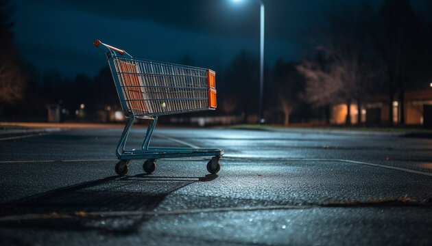 Empty shopping cart speeds through dark city streets at dusk generated by AI