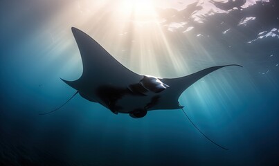  a manta ray swims through the ocean water with sunbeams in the sky above it and below the water, it is a bright light shining from above the water surface.  generative ai