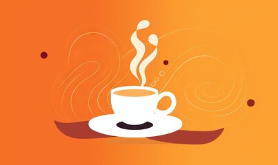  a cup of coffee with steam rising out of it on an orange background with circles around it and a red ribbon around the edge of the cup.  generative ai