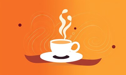 Obraz premium a cup of coffee with steam rising out of it on an orange background with circles around it and a red ribbon around the edge of the cup. generative ai