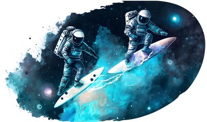 Fototapeta na wymiar astronauts surf on a surfboard in space with stars watercolor painting, planets, PNG transparent background, generative AI. as soft ethereal dreamy background, professional color grading, copy space