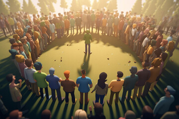 Fototapeta na wymiar An animated, cartoon-like illustration of a giant circle filled with a diverse group of people, each with their own unique characteristics, all standing together in unity with their arms raised a