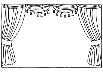 Luxury theatrical curtain with a copy space in the middle. Freehand drawing. Doodle. Hand Drawn. Outline.	