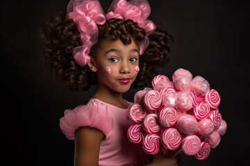 Fototapeta premium A cartoony beauty pageant contestant wearing a frilly pink dress, her hair piled high into a pink bow, holding a bouquet of candy hearts in one hand and a lollipop in the other.