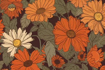 Fotobehang 70s-inspired floral wallpaper with large-scale orange and yellow daisies on a brown background, generative ai © aicandy