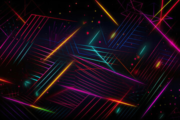 Abstract 80s-style pattern with bright neon lines and shapes on a dark background, generative ai - obrazy, fototapety, plakaty