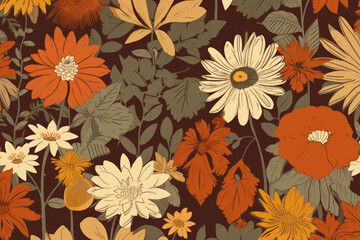70s-inspired floral wallpaper with large-scale orange and yellow daisies on a brown background, generative ai