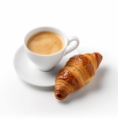 top view of a croissant and cup of coffee on white background, ai generated